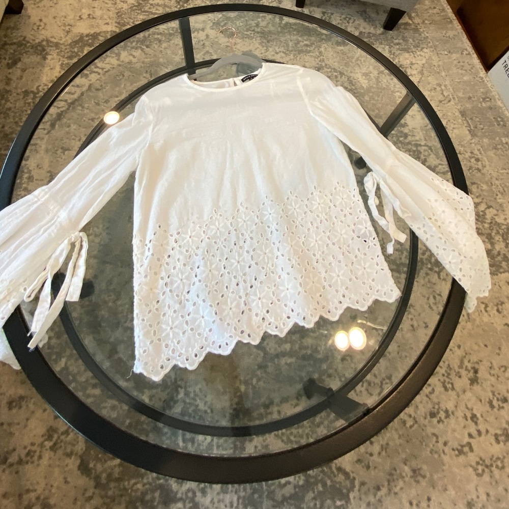 White Embroidered Blouse with Bell Sleeves - Picture 2 of 4